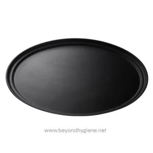 Black oval plastic serving tray - durable, hygienic, and perfect for food presentation in hospitality and foodservice settings.