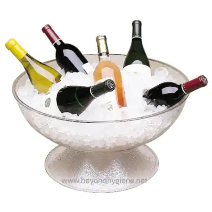 Bottles of wine chilling in an ice bucket for elegant Asian gatherings or celebrations. Perfect for hospitality and event venues focusing on beverage service and hygiene standards.