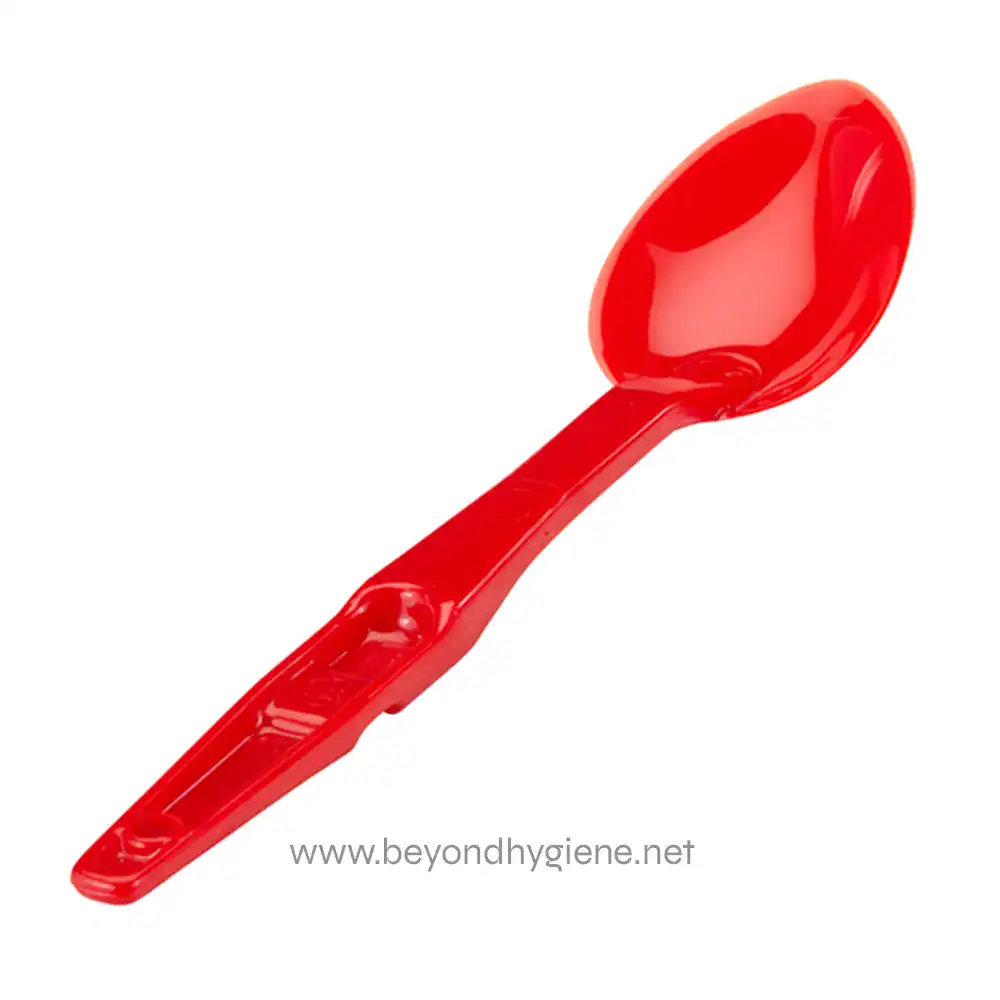 0048604_1 Red plastic measuring scoop for sanitation and hygiene use, ideal for food service, cleaning supplies, or medical applications. Durable, lightweight, and easy to sanitize for clean handling.