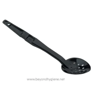 Stainless steel slotted spoon for kitchen cooking, black color, ergonomic handle for comfort, easy to clean, durable design, ideal for stirring and serving food.