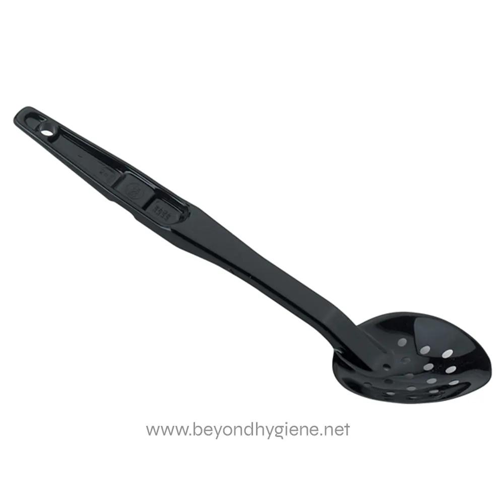 Stainless steel slotted spoon for kitchen cooking, black color, ergonomic handle for comfort, easy to clean, durable design, ideal for stirring and serving food.