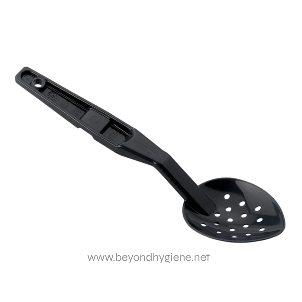 Black plastic slotted spoon with a long handle, hygiene equipment, and food service utensil, isolated on white background.