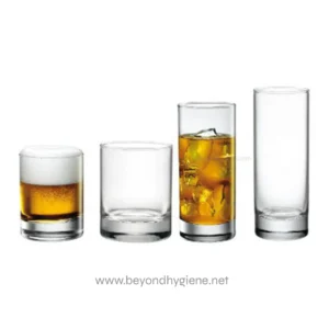 Four progressive glasses of alcohol, from a small shot to a tall glass with ice, representing beverage choices and sanitation hygiene.