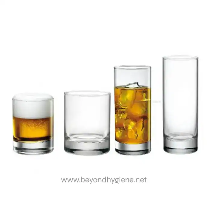 Four progressive glasses of alcohol, from a small shot to a tall glass with ice, representing beverage choices and sanitation hygiene.