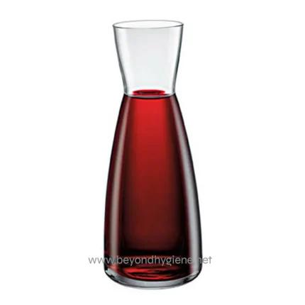 Clear glass carafe filled with red liquid, modern tableware, contemporary design, beverage serving, stylish drink presentation.