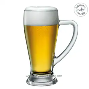 Beer in a glass mug with foam head, close-up, beverage, alcohol, drink, beyond hygiene asia, Bormioli Rocco logo visible.