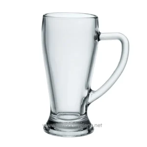 Shiny glass beer mug, transparent and stylish, ideal for beverages, showcasing clean and modern design, perfect for hospitality and event environments.