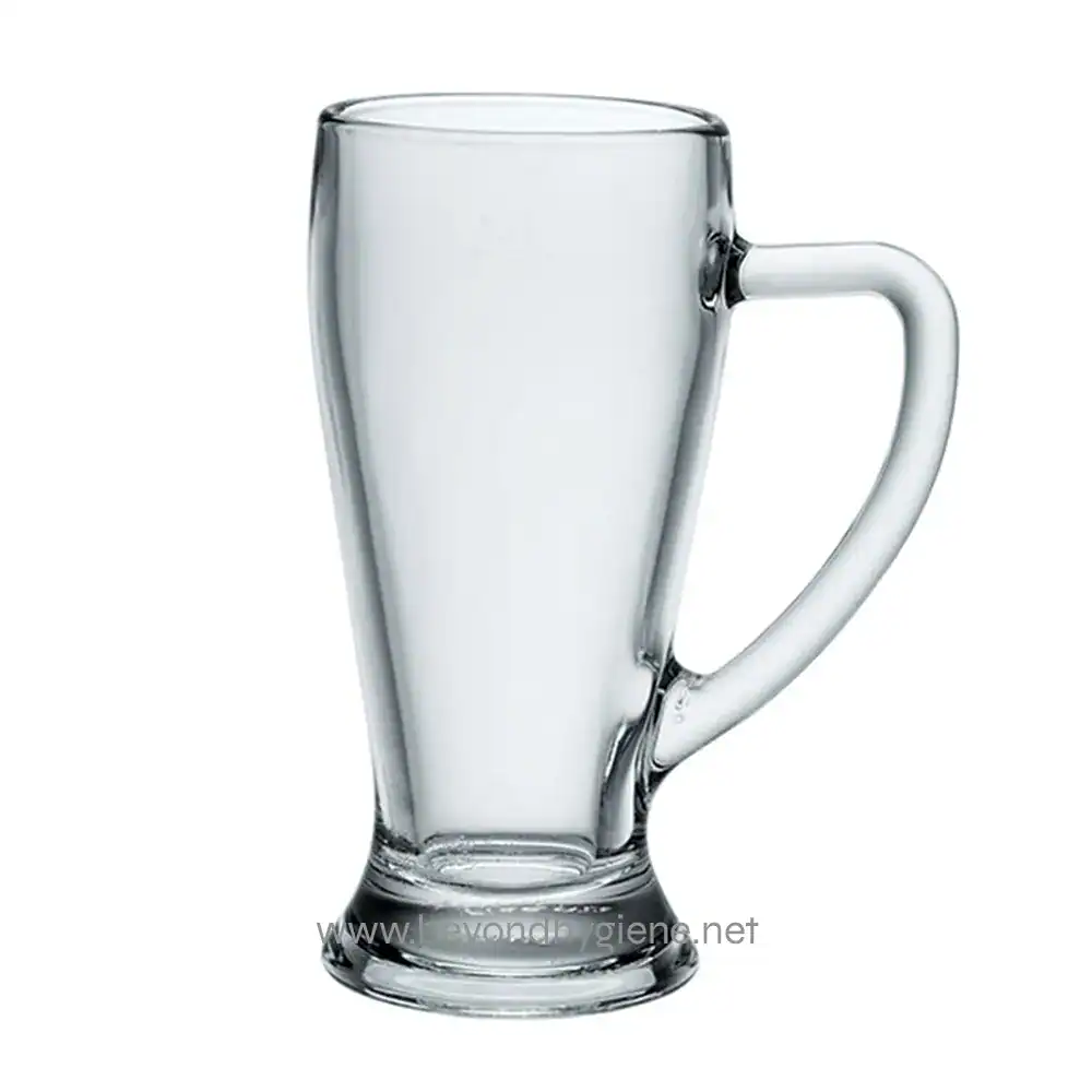 016-33430 Shiny glass beer mug, transparent and stylish, ideal for beverages, showcasing clean and modern design, perfect for hospitality and event environments.