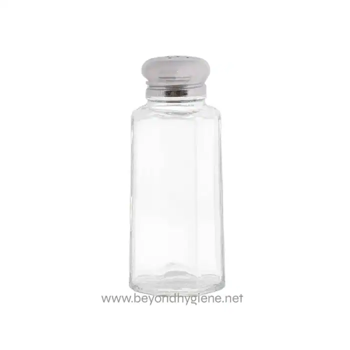 Dispensador de sal o condimentos de vidrio para higiene en Asia, ideal para restaurantes y cocinas comerciales.