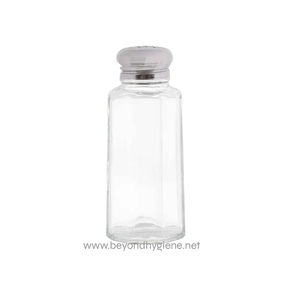 Dispensador de sal o condimentos de vidrio para higiene en Asia, ideal para restaurantes y cocinas comerciales.