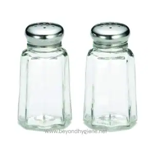 Shaker glass salt and pepper shakers for restaurant or home dining, clear glass with metal caps, modern kitchenware, hygiene essentials, beyond hygiene Asia.
