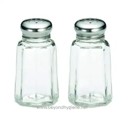 Shaker glass salt and pepper shakers for restaurant or home dining, clear glass with metal caps, modern kitchenware, hygiene essentials, beyond hygiene Asia.