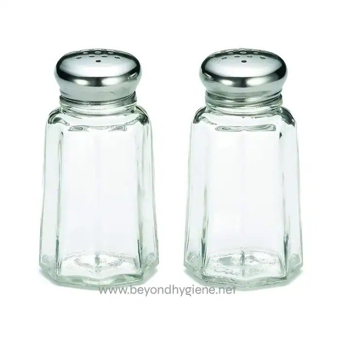 Shaker glass salt and pepper shakers for restaurant or home dining, clear glass with metal caps, modern kitchenware, hygiene essentials, beyond hygiene Asia.