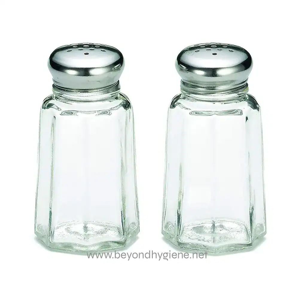 Shaker glass salt and pepper shakers for restaurant or home dining, clear glass with metal caps, modern kitchenware, hygiene essentials, beyond hygiene Asia.