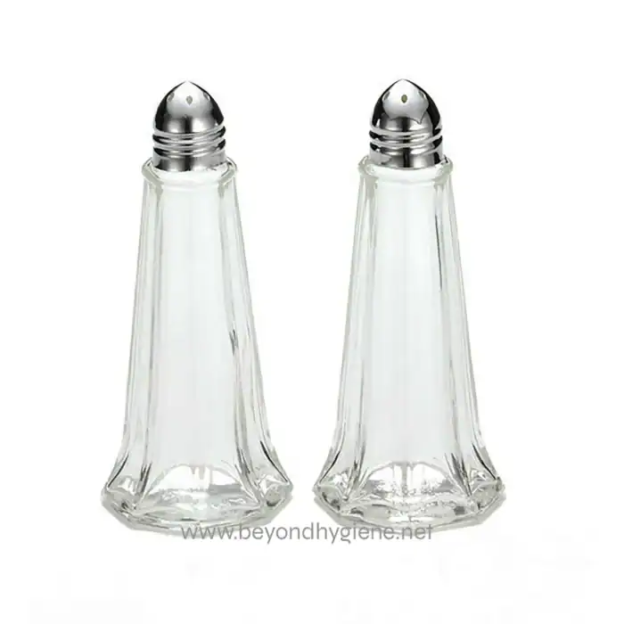 Salt and pepper shakers for restaurants and hospitality establishments.