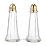Glass salt and pepper shakers with gold accents, perfect for restaurant or home dining, showcasing hygiene and elegance in table setting.
