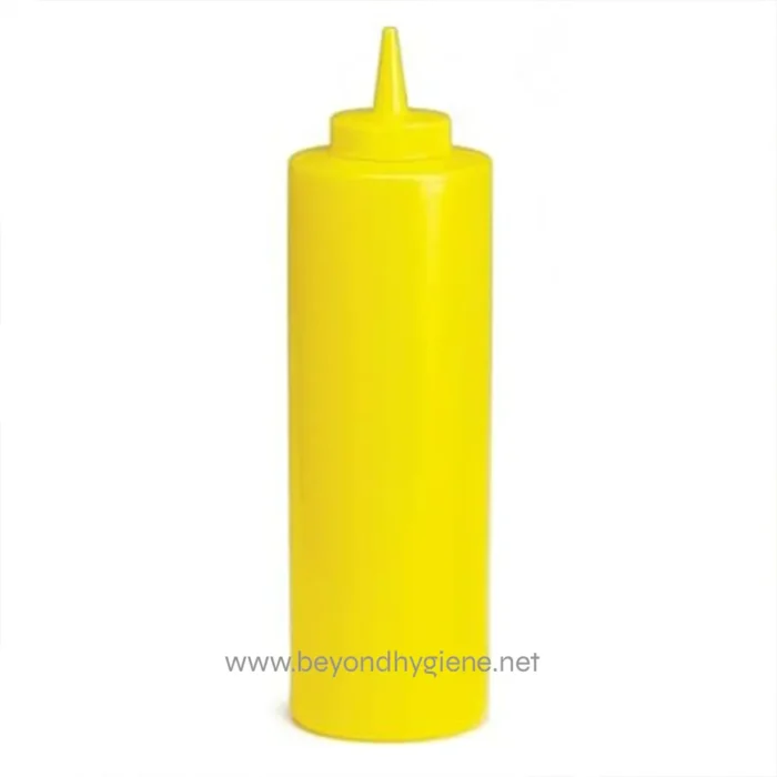 Yellow squeeze bottle for condiments or cleaning liquids, commonly used in food service or hygiene settings.