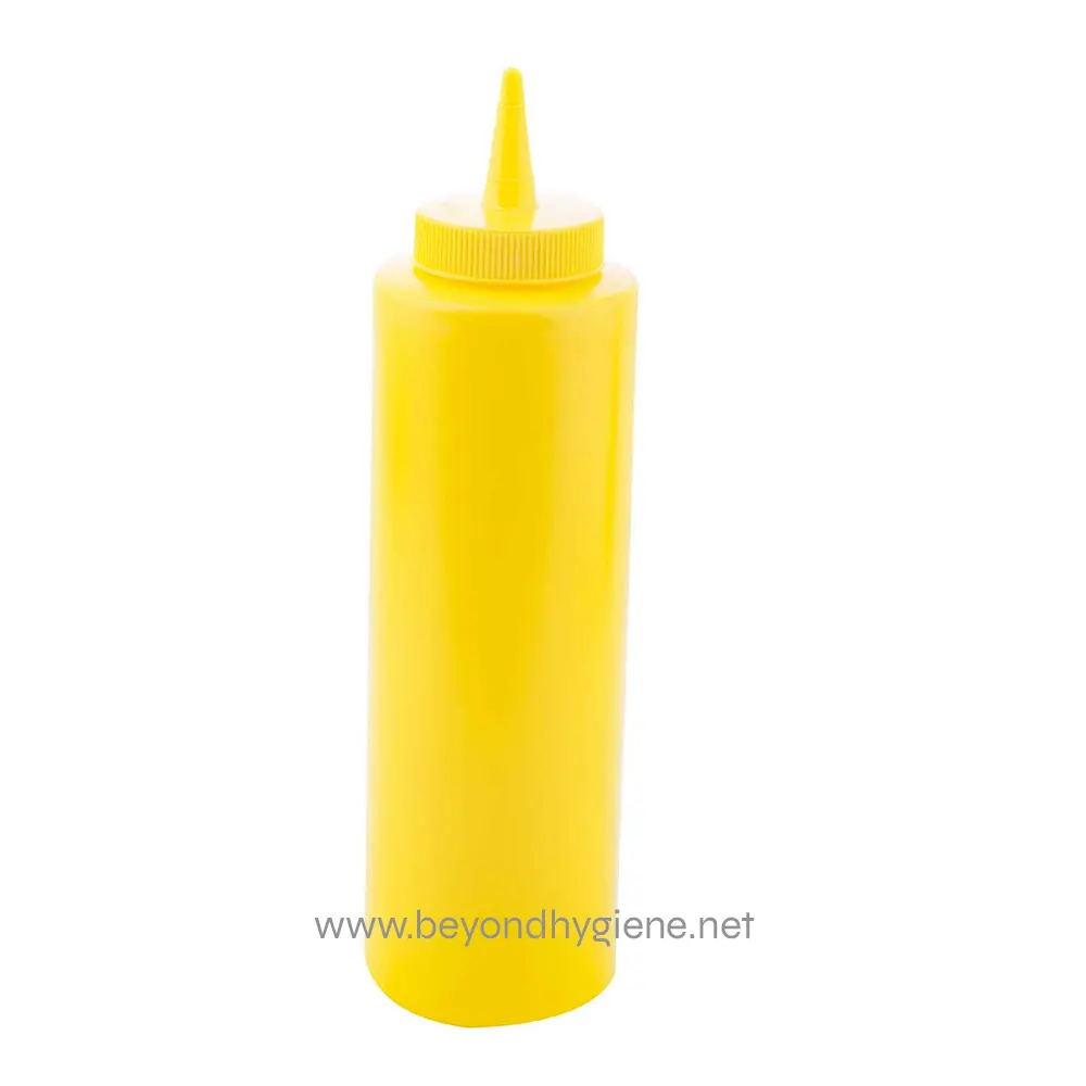 1 Yellow squeeze bottle with a nozzle, commonly used for condiments or sauces, on a white background.