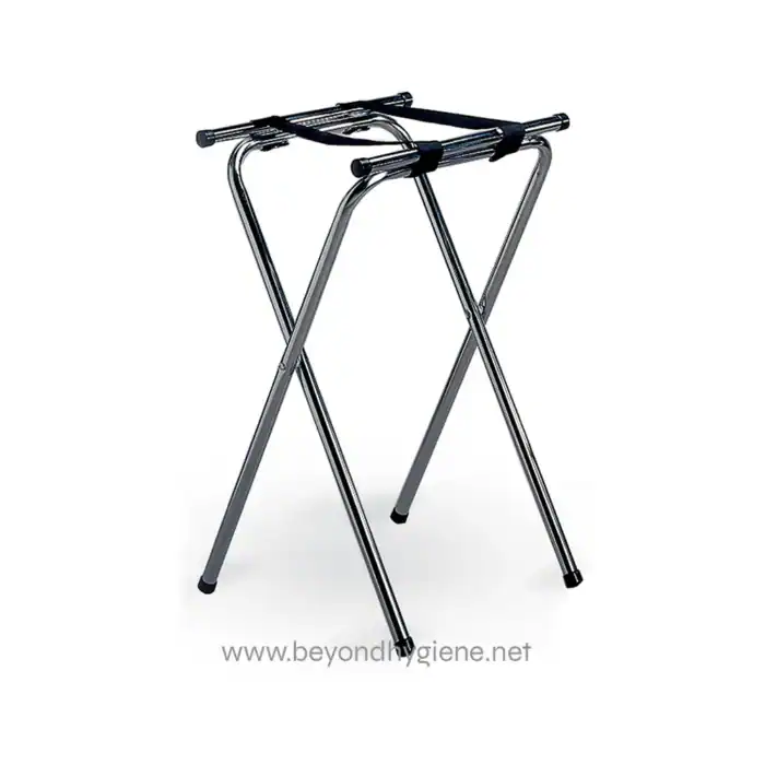 Aluminum wheelchair transport stand for healthcare facilities and mobility assistance.