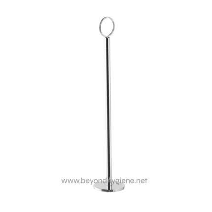 Shiny stainless steel social distancing barrier stand with round base and ring handle for hygiene safety.