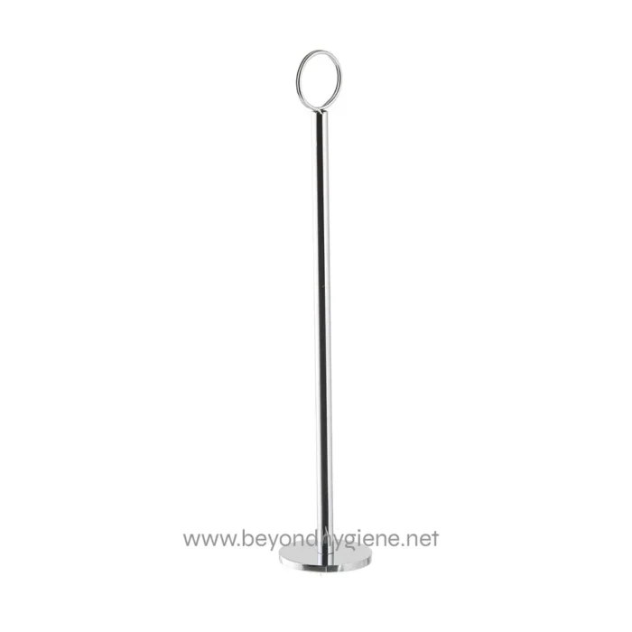 Shiny stainless steel social distancing barrier stand with round base and ring handle for hygiene safety.