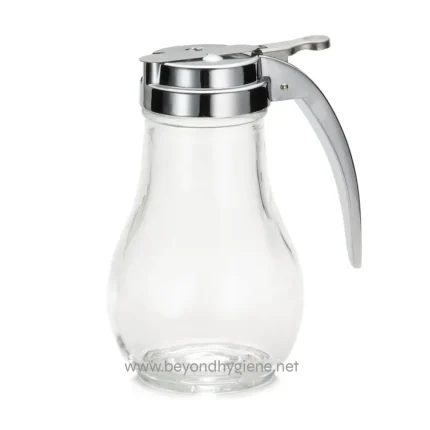 Clear glass hand sanitizer dispenser with stainless steel pump for hygiene and sanitation purposes at Beyond Hygiene Asia.