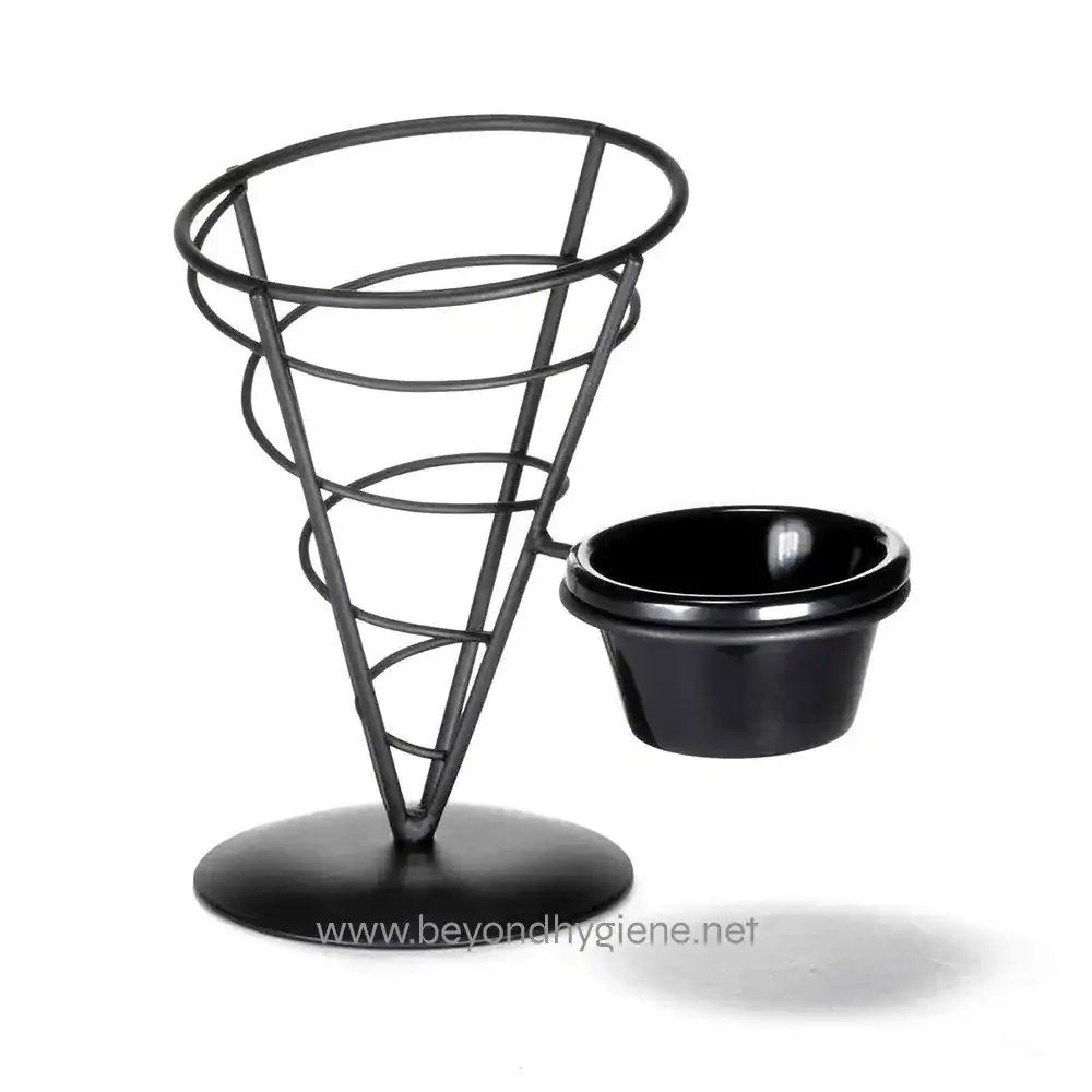 1Vertigo Collection Wire cone trash bin with attached liner for commercial waste disposal, ideal for cafes, offices, and public spaces. Durable design for hygiene and convenience.