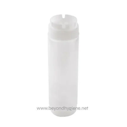 Acrylic white plastic bottle with a flip-top lid for hygiene product storage.