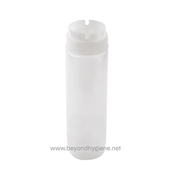 Acrylic white plastic bottle with a flip-top lid for hygiene product storage.