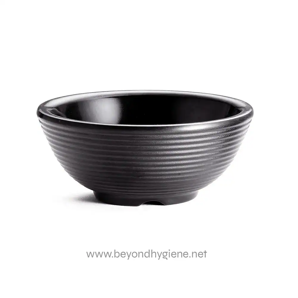 Black Ribbed Ramekin Stainless steel hygiene bowl for food and catering sanitation purposes.
