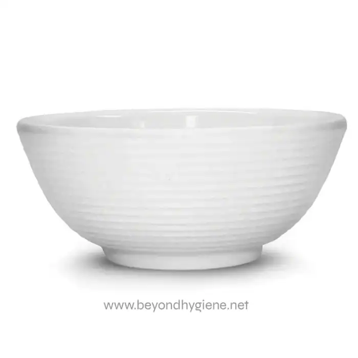 White ceramic bowl for hygiene and dining, suitable for restaurants or household use. Clean, simple design emphasizing hygiene standards and quality. Perfect for Asian cuisine or sanitary environments.