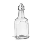 Empty glass sauce bottle with a metal spout for condiments, corporate branding, or food service. Perfect for restaurants, cafes, and food stalls emphasizing hygiene and professional presentation.