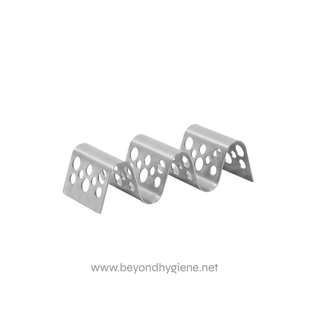 1 Stainless steel handrail bracket with multiple holes, used for secure and durable wall mounting in hygiene and sanitation facilities.