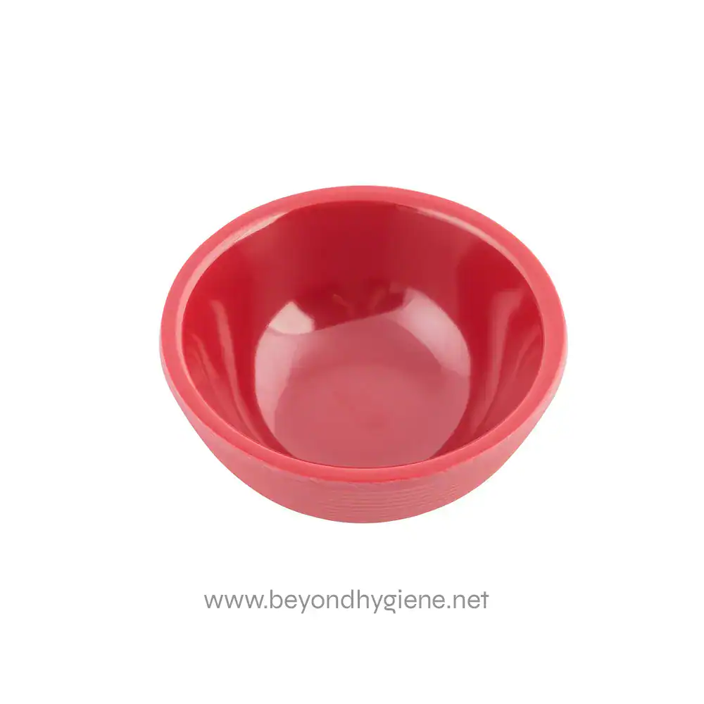 Red plastic bowl used for hygiene or sanitation purposes in Asian cleaning routines.