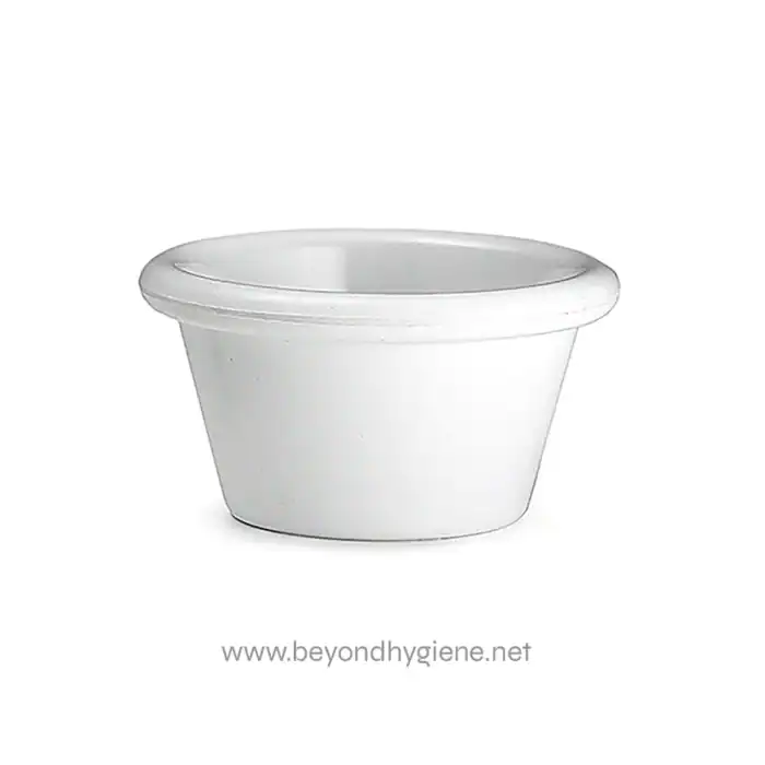 Disposable foam cup for hygiene and sanitation purposes.