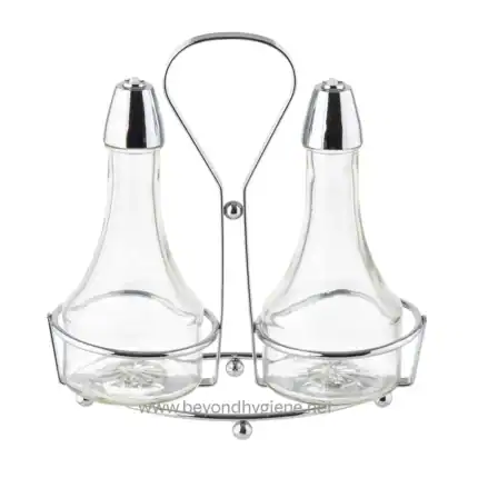 Glass salt and pepper shakers with a metal holder and spoon for restaurant or table use. Durable and stylish condiment dispensers perfect for enhancing dining presentation.