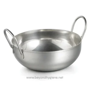 Stainless steel basin with dual handles, ideal for hygiene and cleaning purposes in commercial and industrial cleaning environments.