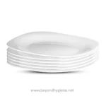 Lightweight white ceramic or porcelain dinner plates stacked in a neat pile, ideal for restaurant or catering use, emphasizing hygiene and quality in food presentation.