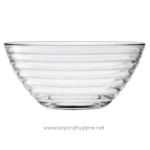 Clear glass bowl with horizontal ribbed design, ideal for serving or decorative purposes.