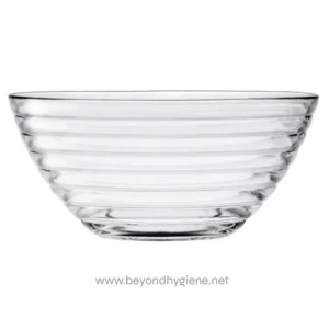 Clear glass bowl with horizontal ribbed design, ideal for serving or decorative purposes.
