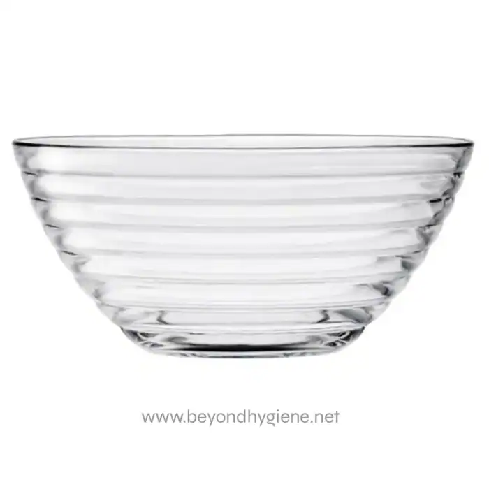 Clear glass bowl with horizontal ribbed design, ideal for serving or decorative purposes.