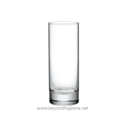 Clear tall drinking glass for hygiene and beverage service, emphasizing cleaning standards and sanitary practices in Asian hospitality and health environments.