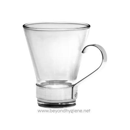 Clear glass cup with metallic handle for hygiene and cleaning purposes.