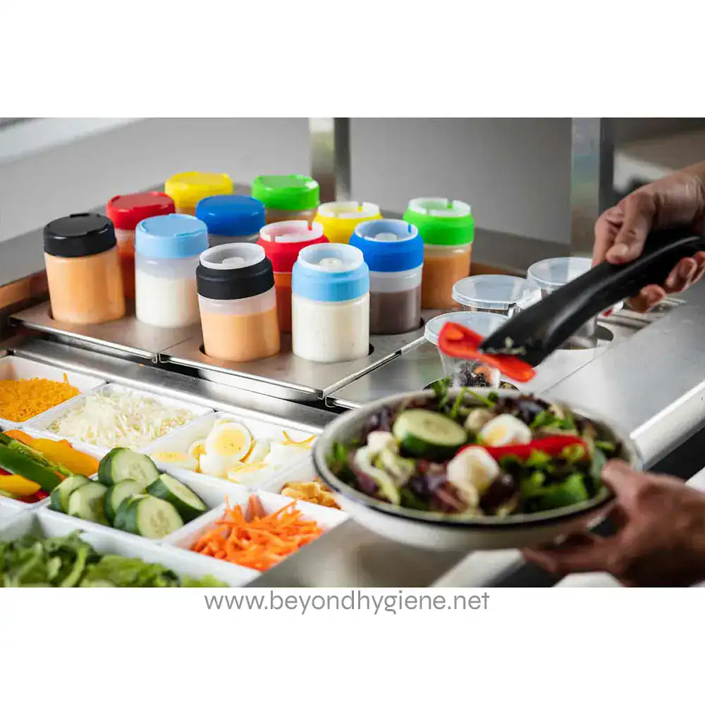 10 BPA-free condiment dispensers with colorful lids at a salad bar, alongside fresh vegetables and a person serving salad.