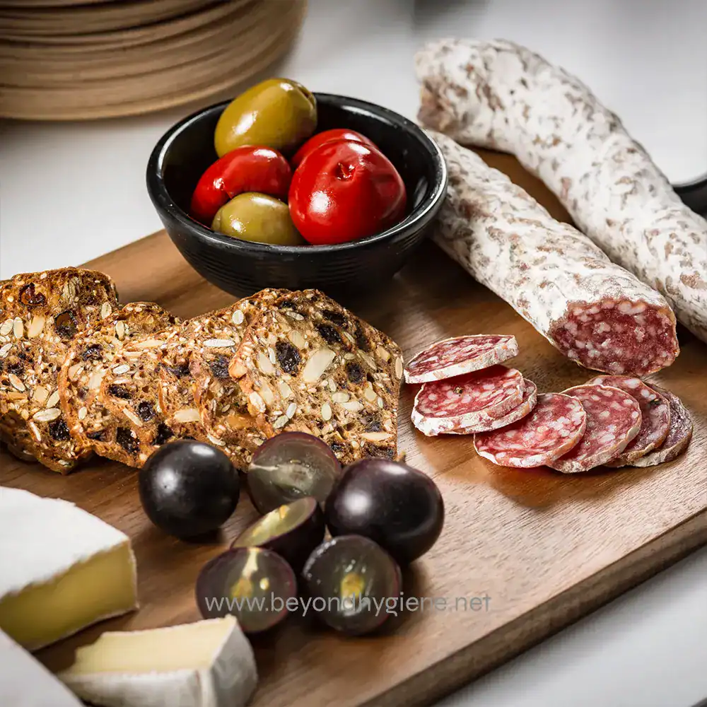 10 Sliced cured meats, olives, and assorted cheese on a wooden board, highlighting gourmet food presentation.