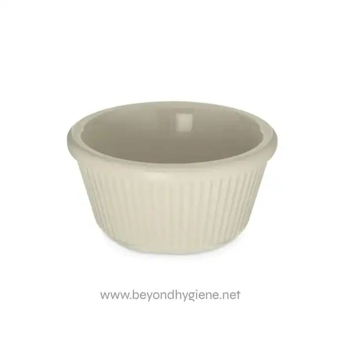 Smooth ceramic bowl with a ribbed exterior, ideal for serving, presentation, or decorative purposes. Durable and stylish, perfect for food presentation and hygiene needs.
