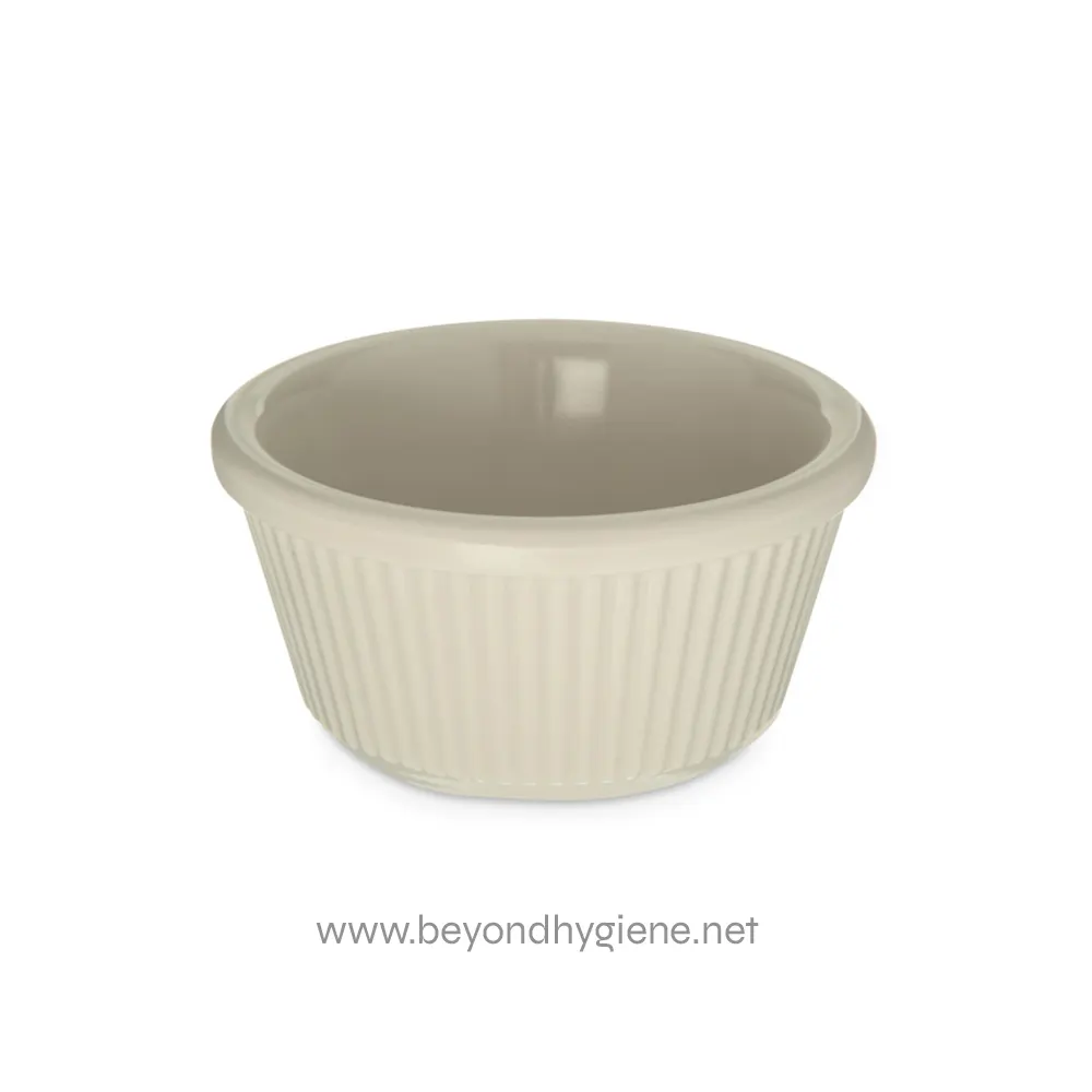 Smooth ceramic bowl with a ribbed exterior, ideal for serving, presentation, or decorative purposes. Durable and stylish, perfect for food presentation and hygiene needs.