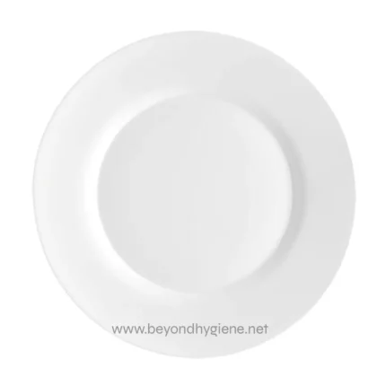 Disposable white ceramic plate used for hygiene and catering purposes in Asian markets. Durable, easy to clean, ideal for restaurant, catering, or home use. Suitable for food service and hygienic dining.