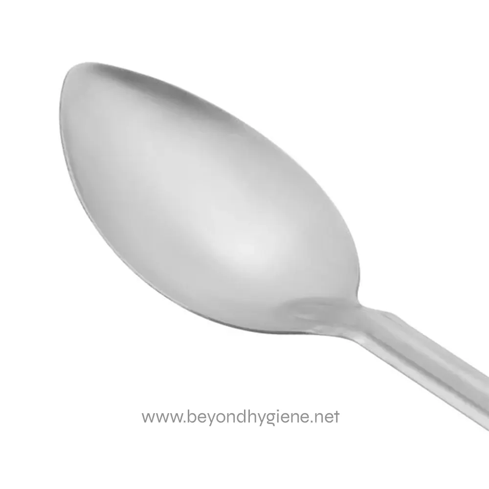 1088457 Stainless steel spoon for commercial food service, durable and hygienic utensils, ideal for restaurants and catering, promoting cleanliness and efficient meal presentation.