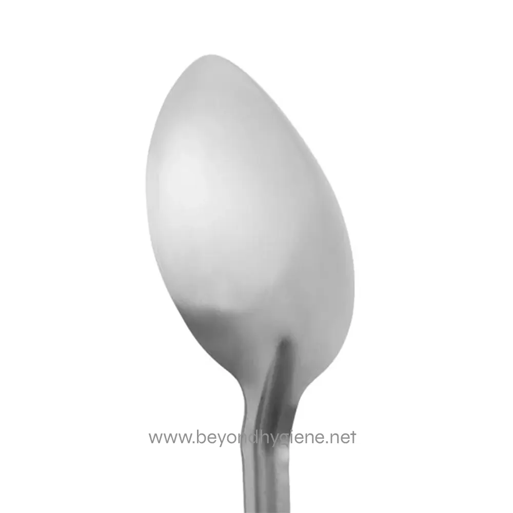 1088459 Stainless steel spoon used for hygiene and food service, featuring a sleek modern design. Perfect for commercial kitchens and catering, ensuring cleanliness and durability.